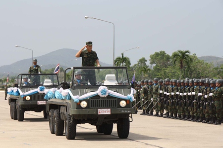 Maj. Gen. Noppadol Suphakorn inspects formations at the Sattahip command center.